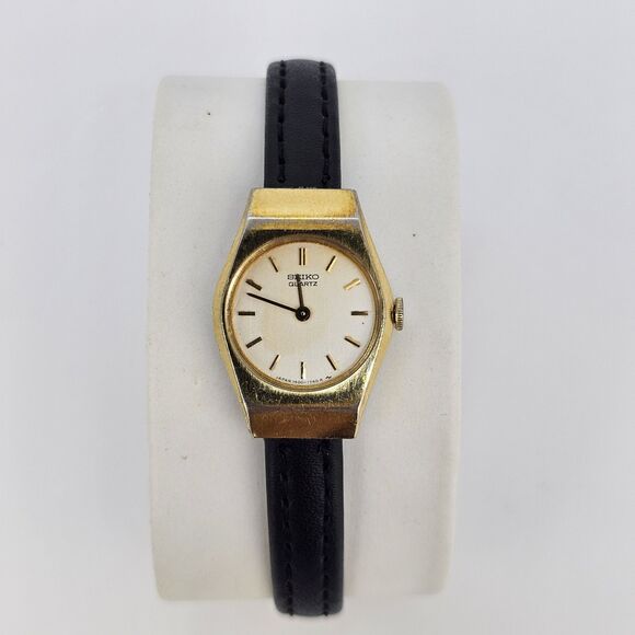 VTG Seiko Women Watch 19MM Gold Dial New Black Leather Bands Up 6" New Battery - Picture 1 of 12